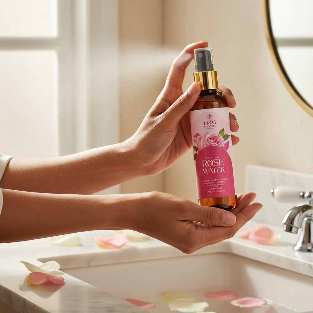 Rose Water in-use lifestyle shot - misting on glowing skin