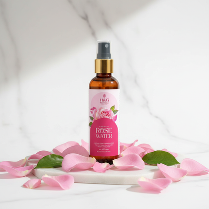 Rose Water bottle on marble surface with rose petals