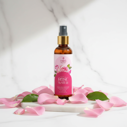 Rose Water bottle on marble surface with rose petals