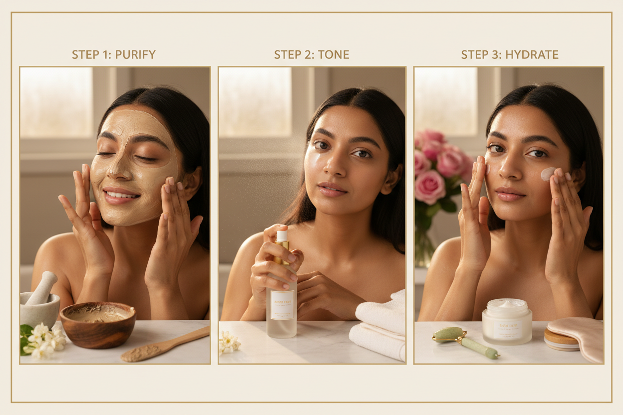 Clear Skin 3-step ritual - clay mask, rose water toner, moisturizer