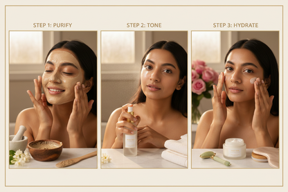 Clear Skin 3-step ritual - clay mask, rose water toner, moisturizer