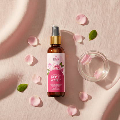 Rose Water flat lay with petals on blush linen